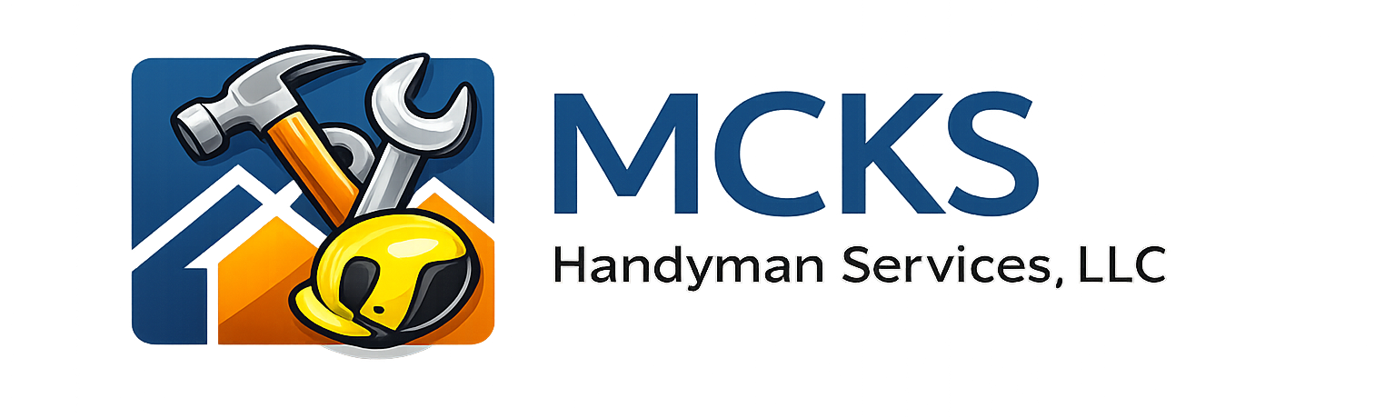 MCKS Handyman Services, LLC Logo, picture of homes in the background with a Hammer, Wrench, and Tape Measure, Raleigh/Durham area